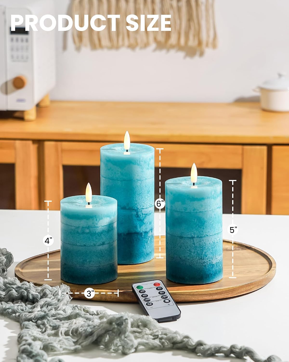 Stmarry Gradient Teal Flameless Candles with Remote and Timer, Real Wax Made LED Pillar Candles Battery Operated with 3D Flickering Flame - 3" x 4", 3" x 5", 3" x 6" - Set of 3 Turquoise Candles