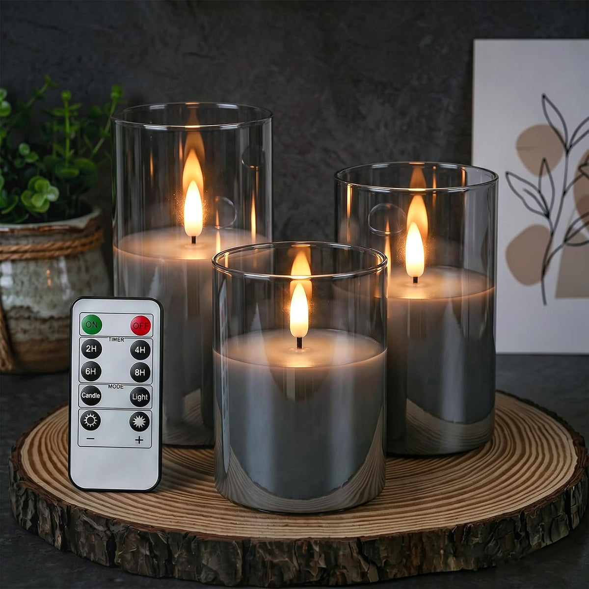 GenSwin Glass Flameless Candles, Flickering LED Pillar Candles with Remote Timer, Battery Operated Candles for Home Decor Wedding & Gift (D3 xH4 5" 6",Gray)