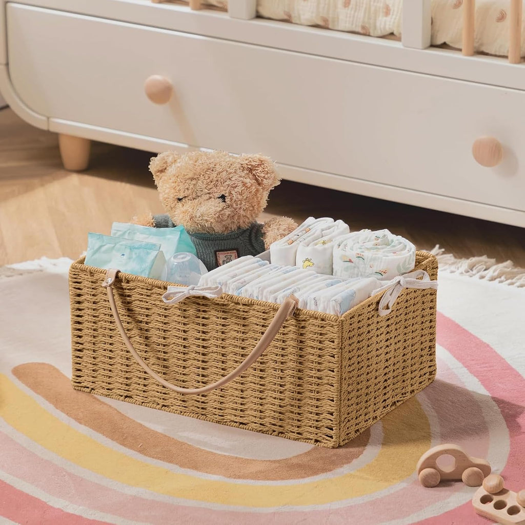 HBlife Large Baby Diaper Caddy Organizer, Paper Rope Storage Baskets Nursery Bin with Removable Divider, Portable Car Organizer for Diapers, Baby Shower Gifts, Newborn Essentials Must Haves