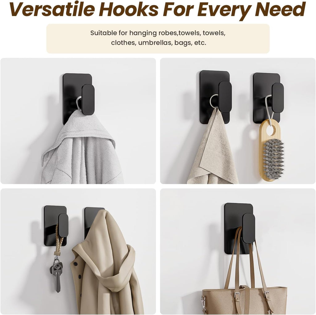Large Heavy Duty Adhesive Wall Hooks - 26lb Max, Stainless Steel Waterproof Towel Hooks for Hanging Towel, Coat, Robe, Sticky Hooks for Use in Bathroom, Shower, Kitchen, Door(Black, 4 Pack)