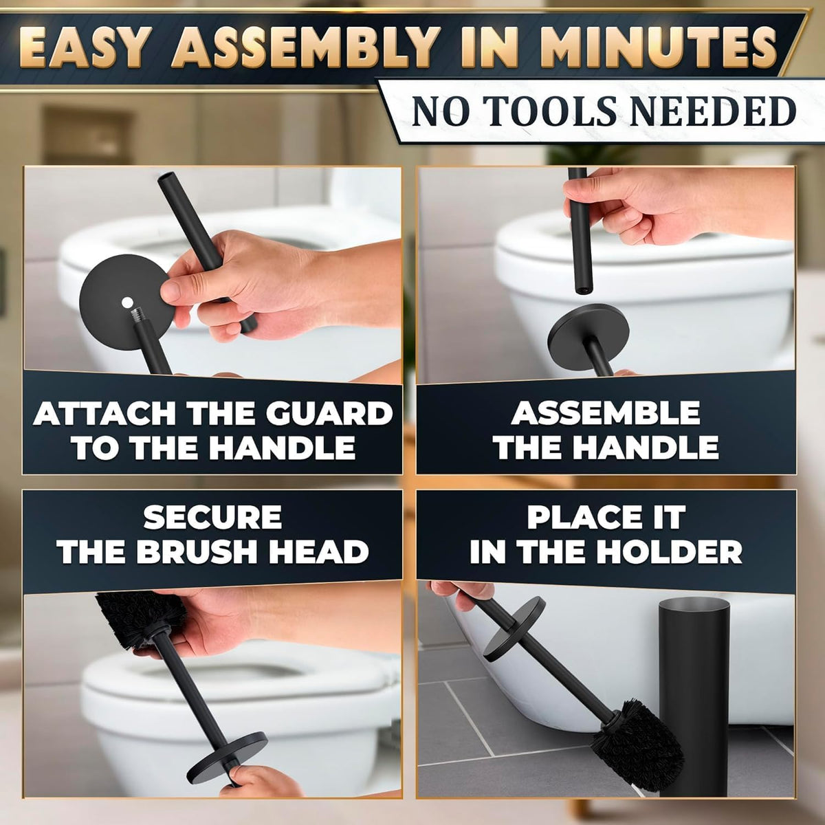 Black Toilet Brush and Holder Set, Freestanding, Splash Protection