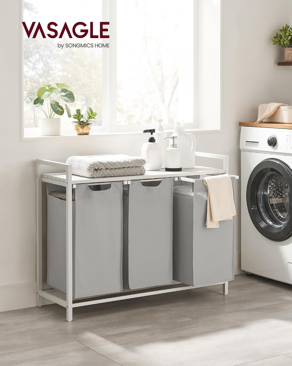 VASAGLE Laundry Basket, Shelf, Metal Frame, 120 L, 87.7 x 33 x 72 cm