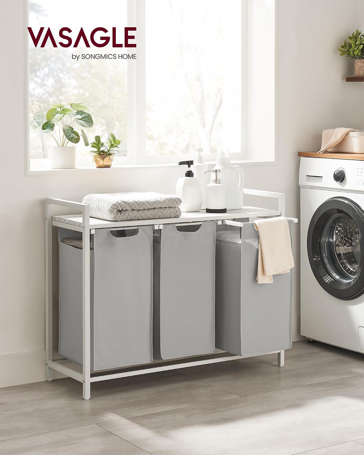 VASAGLE Laundry Basket, Shelf, Metal Frame, 120 L, 87.7 x 33 x 72 cm