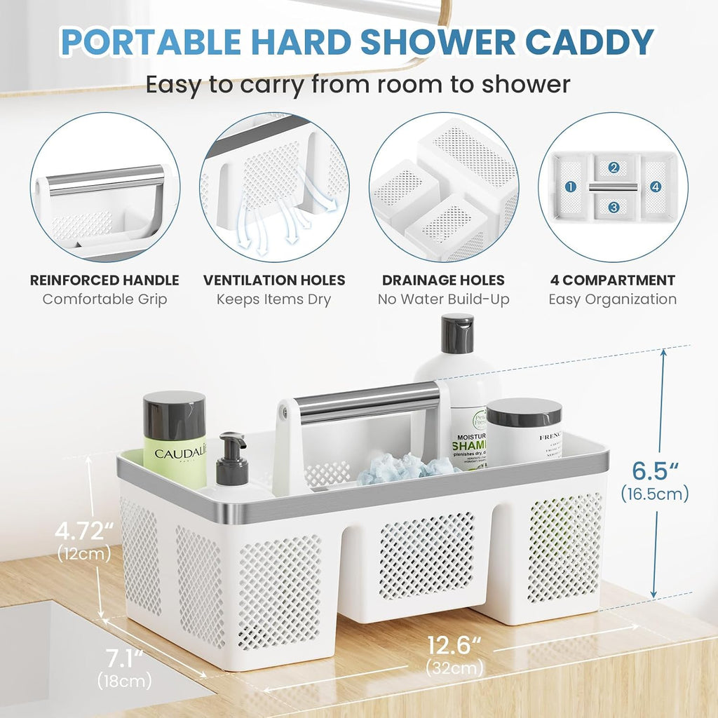 BYUNER 2Pack Plastic Shower Caddy: Portable Shower & Bathroom Caddy Tote with Handle, 4 Divided Compartments, Hard Plastic Shower Basket with All-Side Drainage for College Dorm Room Essentials