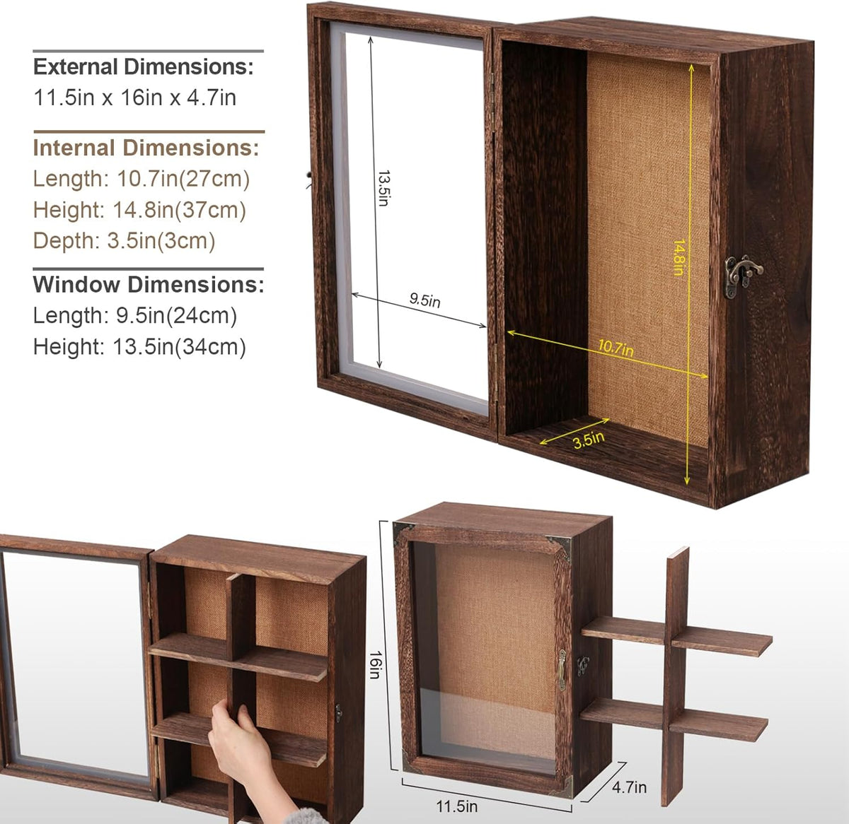 Shadow Box Frame 12x16, 4.7" Overall Depth, Display Case with Removable Shelves & 6 Compartments, Large Memory Box for Photos, Keepsakes, Wedding, Collectibles