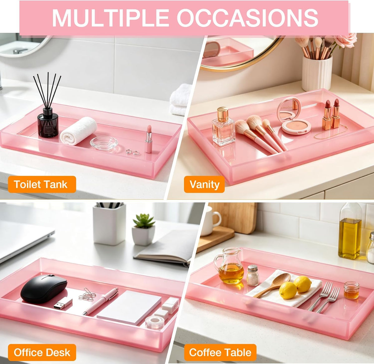Pink Acrylic Tray 5mm Thicken for Vanity Makeup, Perfume, Jewelry Holder, Napkin, 12''x6'' Decorative Serving Tray for Bathroom, Toilet Tank, Sink Countertop, Dresser, Coffee Table