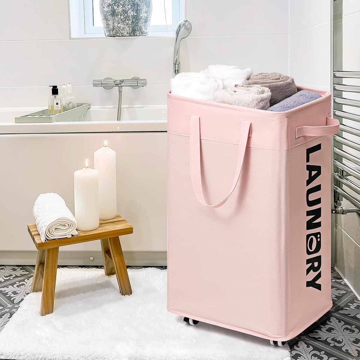 CHICVITA 75L Laundry Hamper with Wheels 2-Pack, Wash Bags, Pink