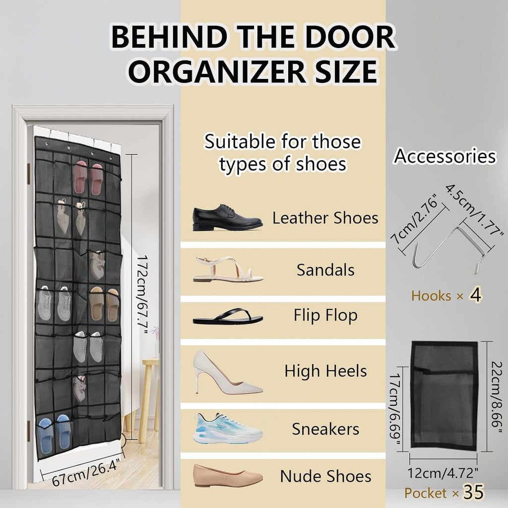 Over the Door Shoe Organizer, 35 Mesh Pockets, Gray, 4 Metal Hooks