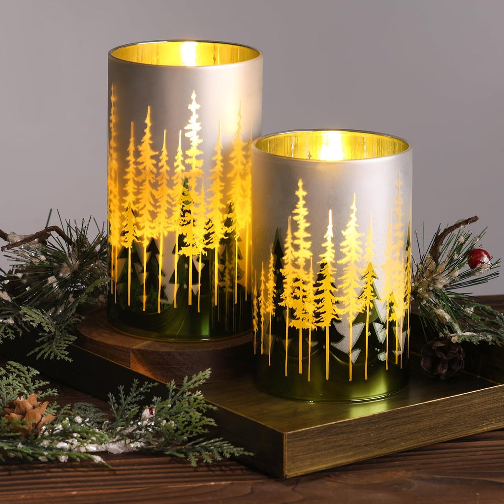 Eywamage Gold Green Christmas Tree Glass Flameless Candles with Remote