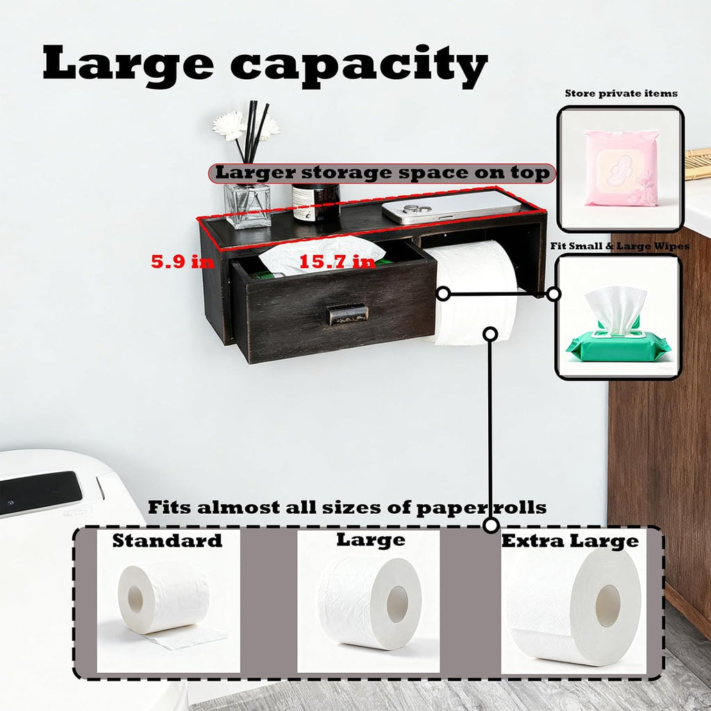 Large Bamboo Toilet Paper Holder with Shelf & Wet Wipes Storage Drawer