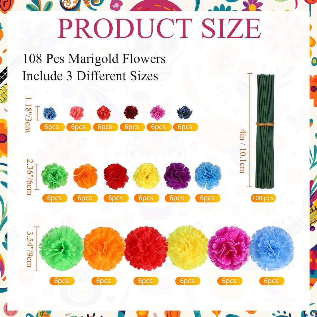 Daifunli 108 Pcs Day of The Dead Artificial Marigold Flowers, Multi-Color