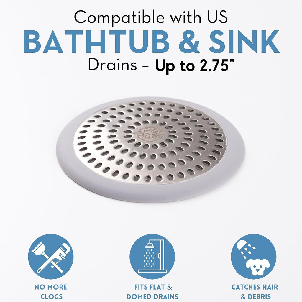 Drain Hair Catcher & Stopper Combo – Tub ShowerRing + StopRing Set for Bathtub & Sink | Stainless Steel Strainer + Silicone Drain Plug | Clog-Free, Universal Fit (Gray, 2 Pack)