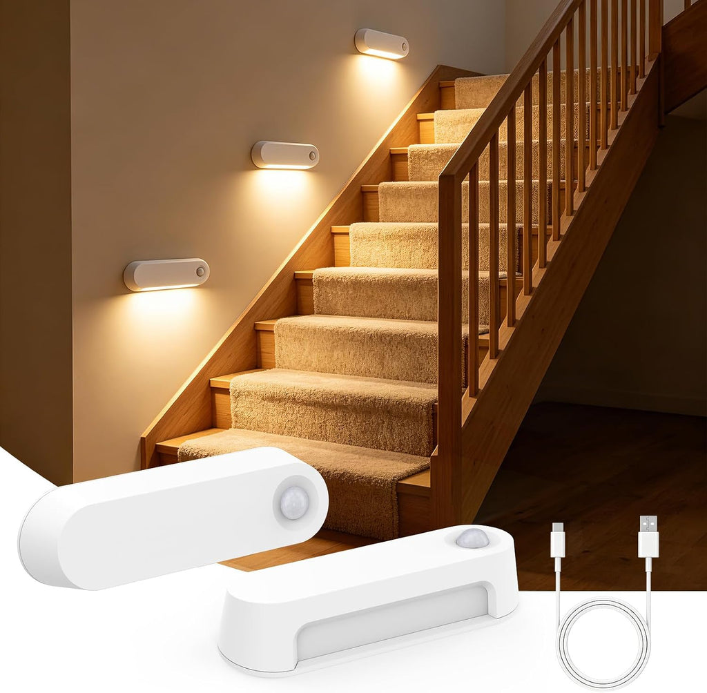 Kitloo Rechargeable Motion Sensor Night Light, 1800mAh Battery Operated Stair Lights Indoor, 60LM Warm White LED Night Light for Bathroom, Hallway, Stairs, Toilet, Bedroom, Wall Mount Stick-On, 2 Pack