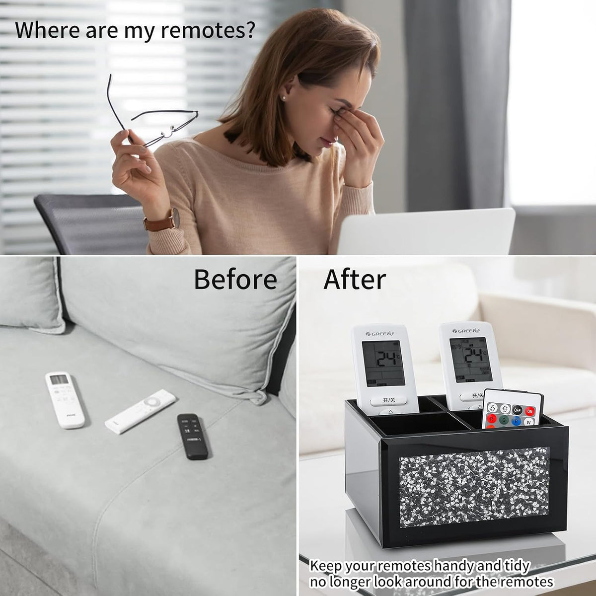 Black 360 Rotating Remote Control Holder, Crushed Diamond TV Remote Controller Holder for Table, Desk Organizer for Pens and Pencils, Make Up Brushes, Remote Caddy Storage