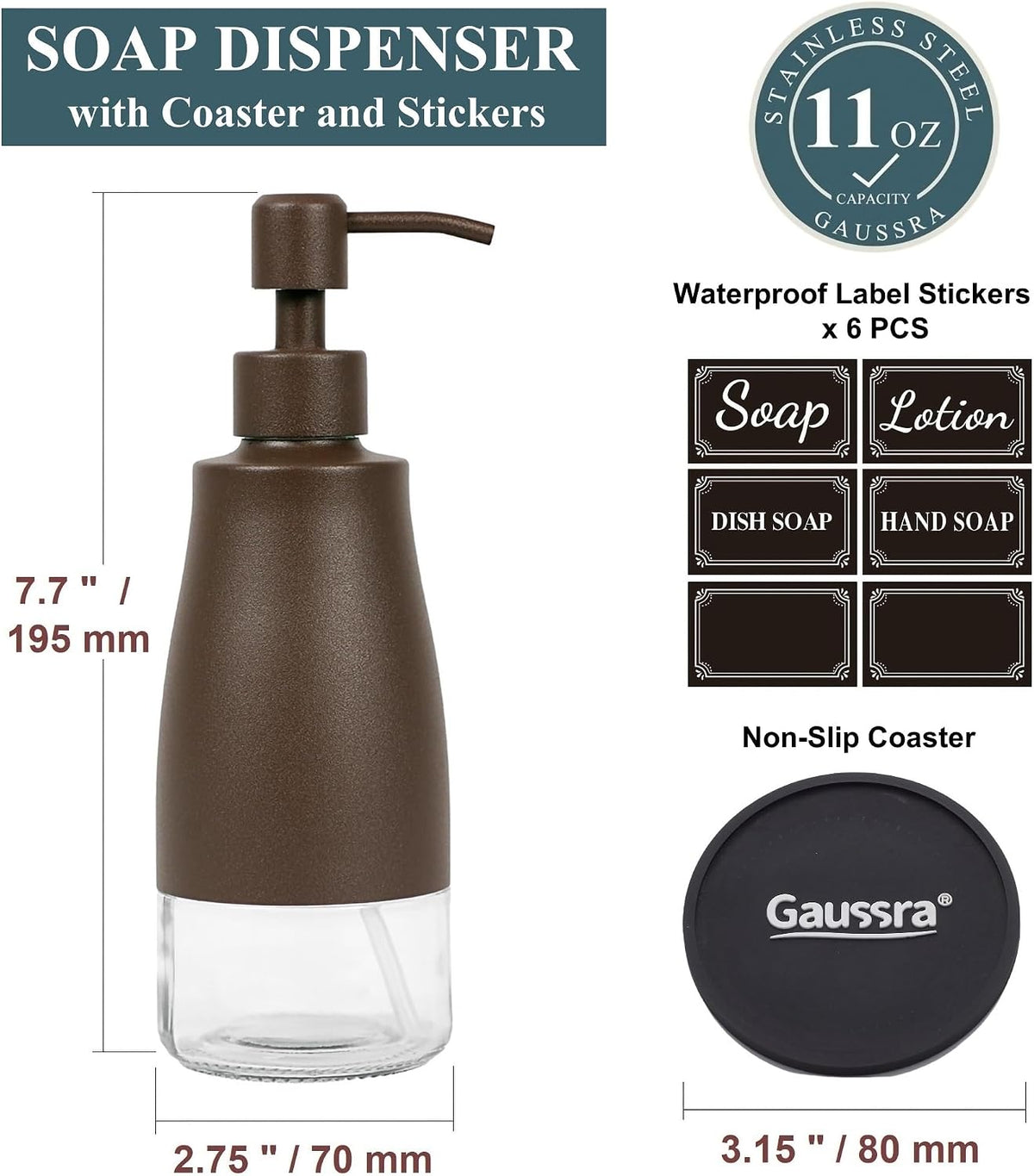 Gaussra Matte Brown Soap Dispenser with Coaster & Stickers - 11 OZ / 320 ML