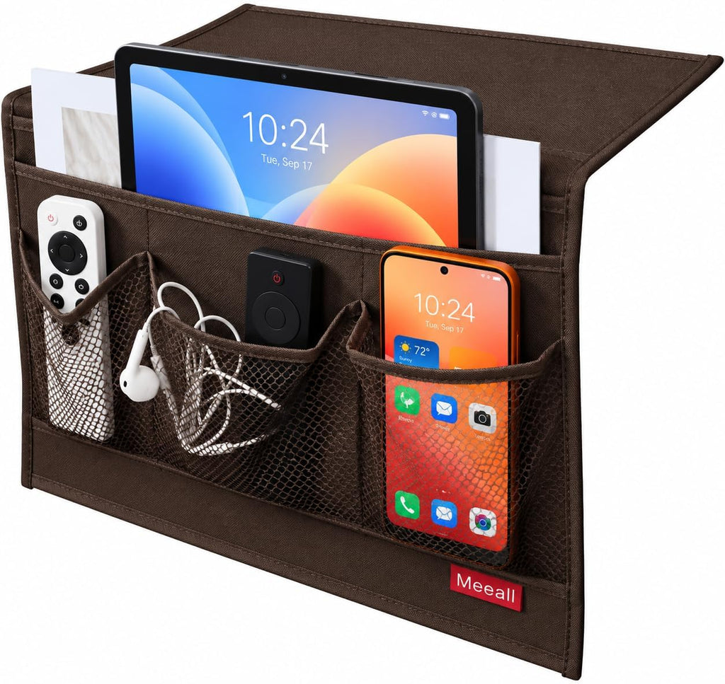 Bedside Storage Organizer with 4 Pockets, Bedside Caddy, Table Cabinet Storage Organizer for TV Remote Control, Phones, Magazines, Tablets, Accessories, Brown