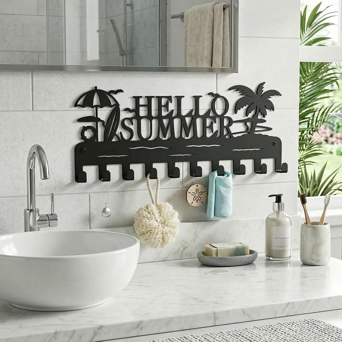 Metal Key Holder Wall Mount, Coastal Beach Key Rack Hooks, Hello Summer