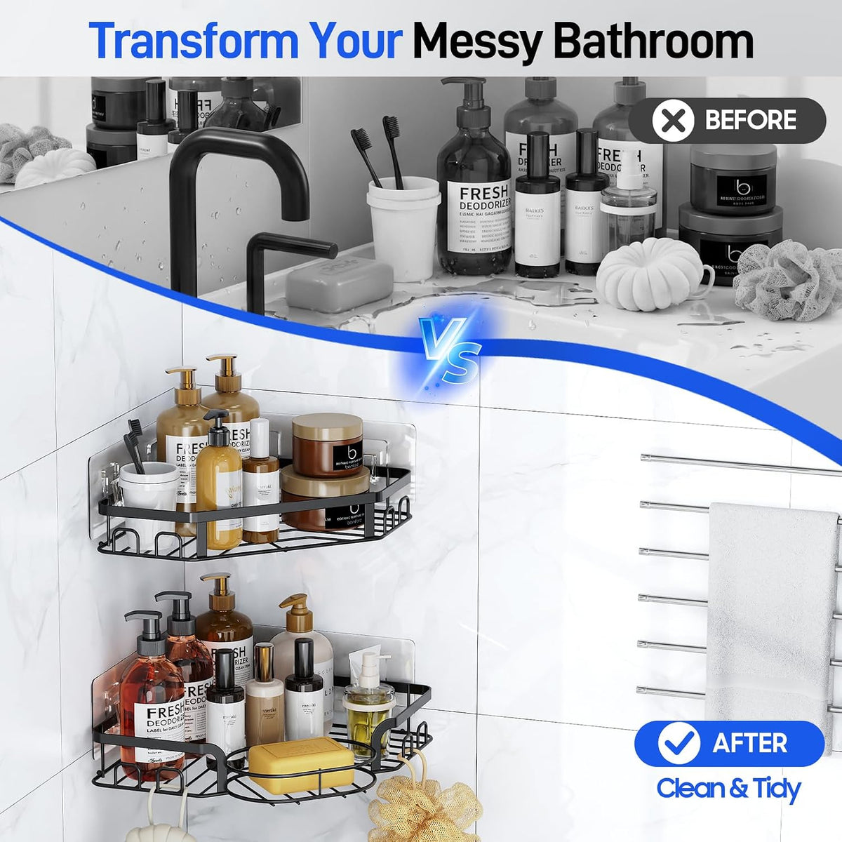 Corner Shower Caddy, Rustproof Shower Organizer with Soap Holder and 8 Hooks, No Drilling Adhesive Shower Shelves for Inside Shower, Large Capacity Shower Rack for Bathroom Shower Storage, X-Large