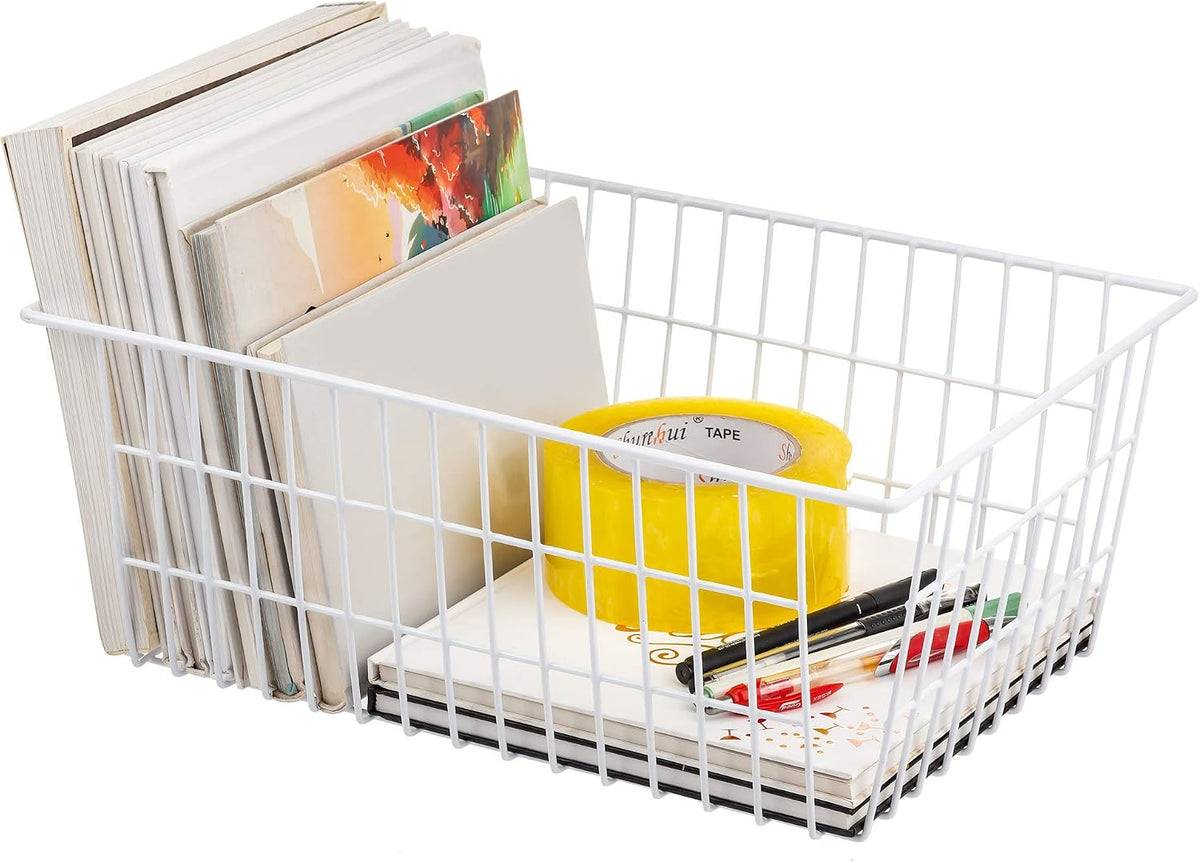 iPEGTOP Wire Storage Freezer Baskets, Set of 2 13.4" Household Organizer Storage Bins Fridge Basket Rack with Handles for Kitchen Cabinets, Pantry, Office, Bathroom Organization - White