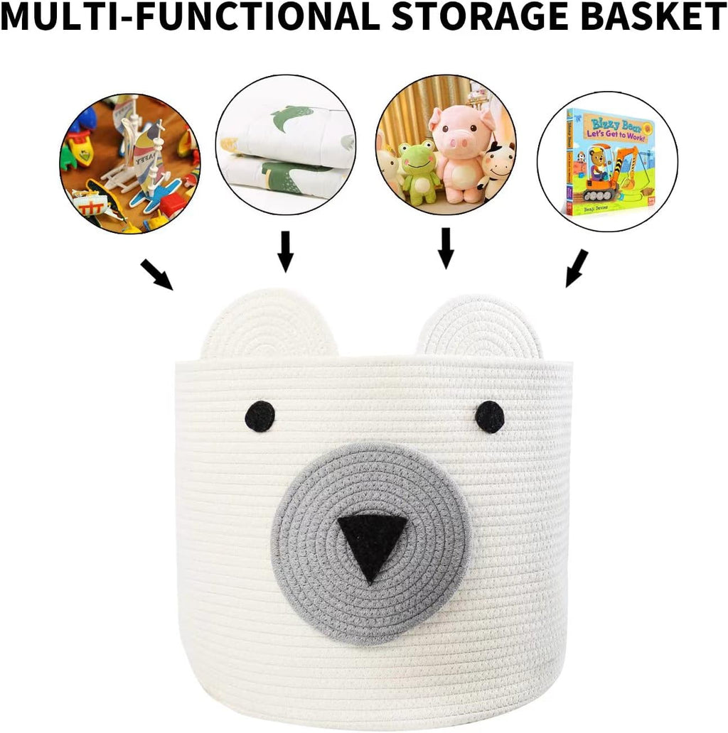 Foldable Woven Laundry Basket with Cute Bear Design - Large Capacity Decorative Organizer for Toys, Blanket, Towels, Clothes - White (16D x 14H inch)