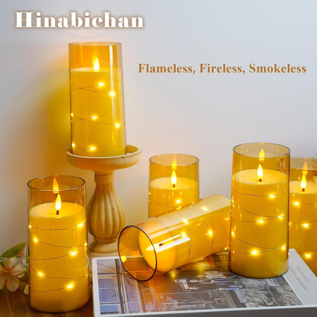 Amber Flickering Flameless Candles with Remote Timer, 6 pcs LED Battery Operated Candles with String Lights, Same Size D3 H6