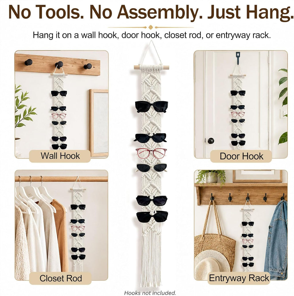 Boho Sunglasses Holder Macrame Wall-Mounted Eyeglasses Organizer Holds 10 Pairs, Handwoven Cotton Rope Glasses Display Rack with Wood Rod, Space-Saving Sunglass Storage for Bedroom Closet Entryway