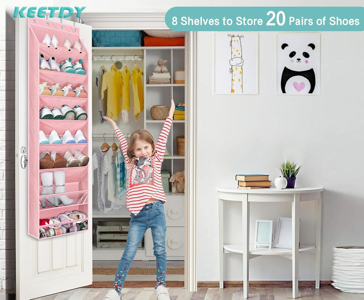 KEETDY Over The Door Shoe Organizer Fit 20 Pairs Sneakers Large Hanging Shoe Organizer for Closet Door Storage Boots, Pink