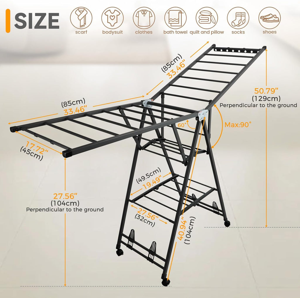 Foldable Standing Clothes Rack, 3-Tier Drying Hanger, for 30+ Pcs