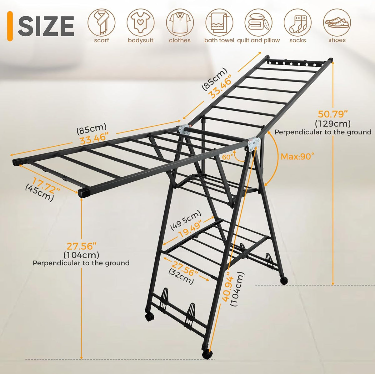 Foldable Standing Clothes Rack, 3-Tier Drying Hanger, for 30+ Pcs