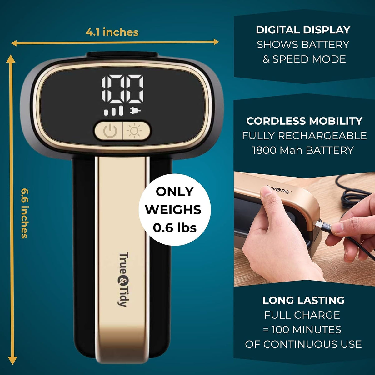 True & Tidy Dual-Head Fabric Shaver with 3-Speed Turbo Power, Rechargeable Lint & Pill Remover for Couches, Upholstery, Furniture, Clothing & Blankets, Built-in LED Light