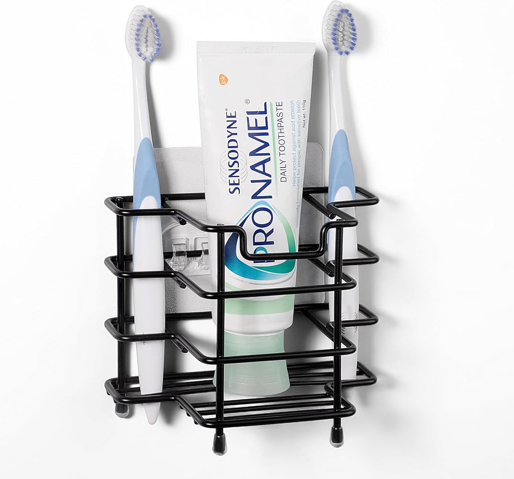 Linkidea Toothbrush Holder for Shower, Stainless Steel Brush Stand, Countertop/Wall Mount 3 Slots Organizer Compatible with Colgate Extra Clean, Oral-B CrossAction Manual Toothbrush (Black)