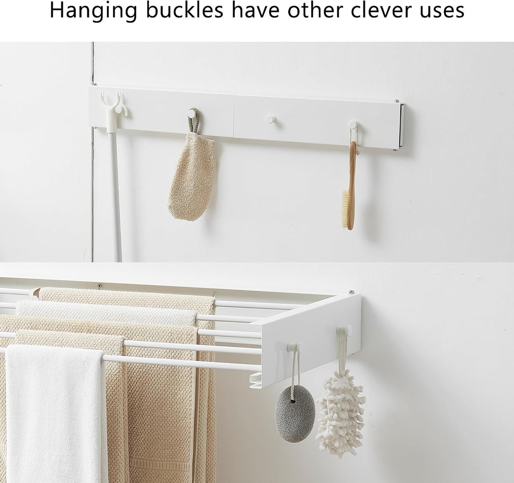 RFOUO Wall Mounted Clothes Drying Rack,White 31.5" with Hooks