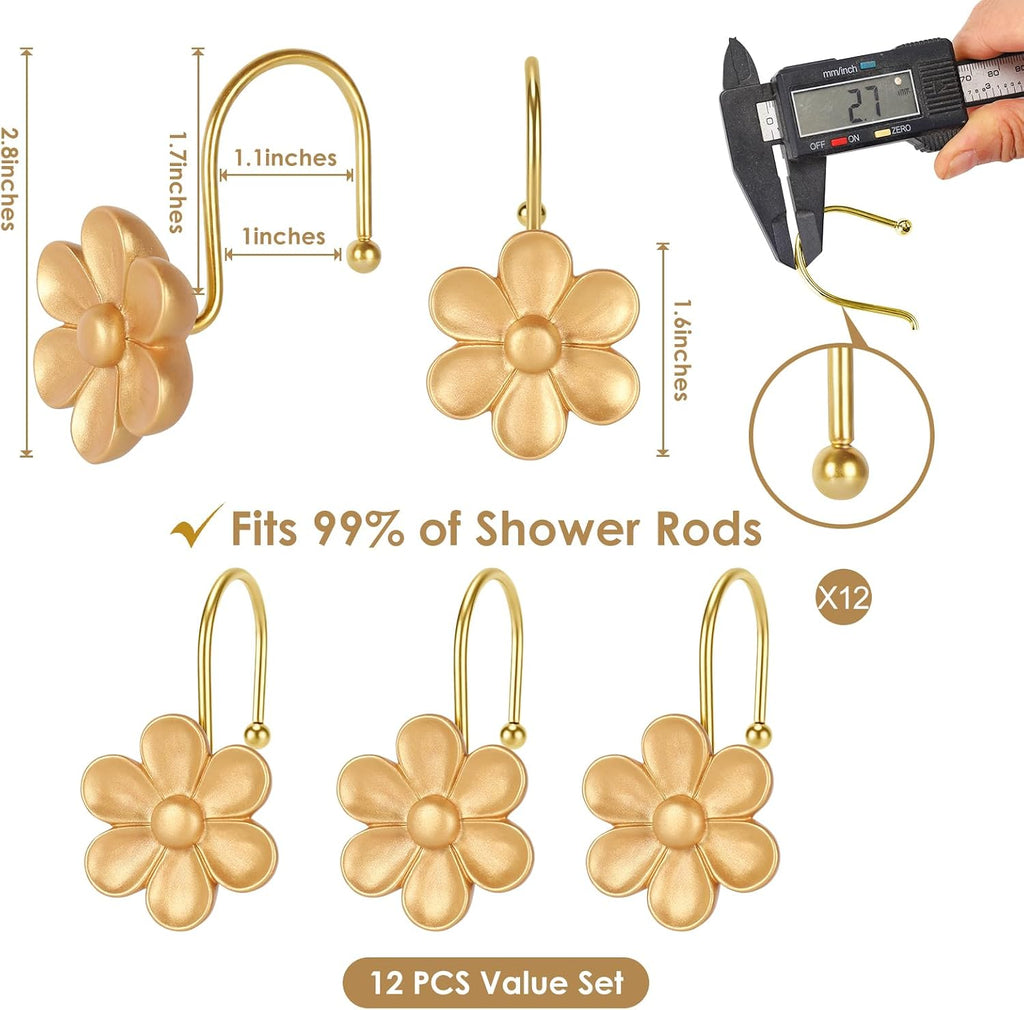 3D Floral Shower Curtain Hooks, 12 Pcs Rust Proof Resin Metal Hooks Shower Curtain Rod Rings, Ideal for Bathroom, Bedroom, Living Room Fun Home Decor (Gold)