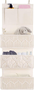 FEILANDUO Over The Door Organizer Boho Macrame Closet Organizers and Storage with 3 Large Woven Pockets Behind Door Organizer for Nursery, Pantry, Bathroom, Bedroom, Dorm (Ivory)