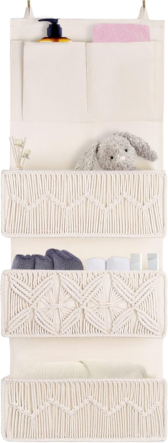 FEILANDUO Over The Door Organizer Boho Macrame Closet Organizers and Storage with 3 Large Woven Pockets Behind Door Organizer for Nursery, Pantry, Bathroom, Bedroom, Dorm (Ivory)