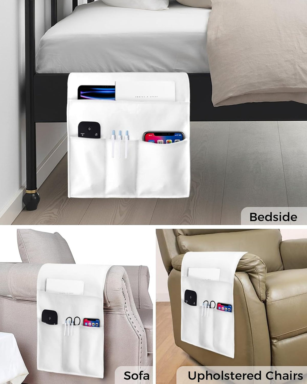 Sofa Armrest Organizer Bedside Caddy, White Non Slip Couch Remote Control Holder for Recliner, Pure White Arm Chair Caddy with Pocket for Magazine, Phone, 13''x35''