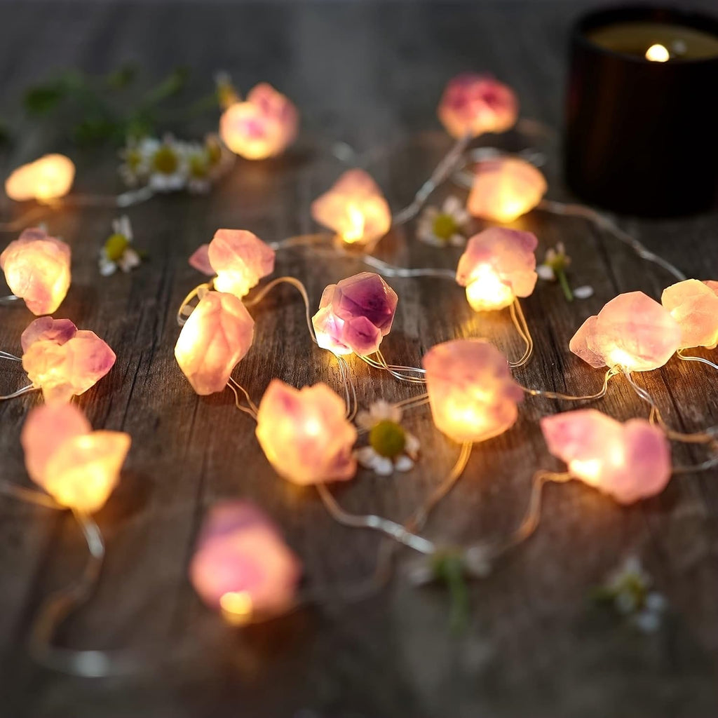 Natural Amethyst Crystal Color-Changing Fairy Lights, 10ft 30 LED with Remote Control. USB or Battery Operated, Decorative Geode String Lights for Bedroom, Christmas, and Spiritual Decor
