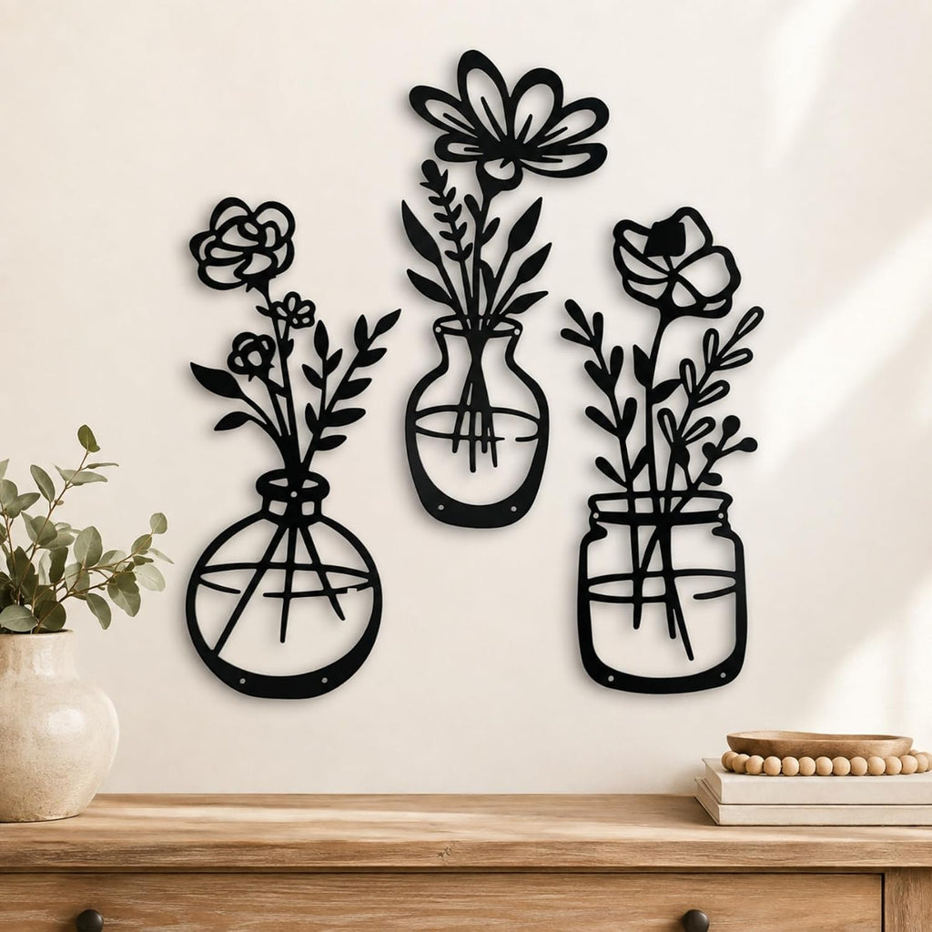 qzmaikoo 3 Pieces Black Metal Flower Wall Decor, Floral Vase Wall Art, Farmhouse Metal Wall Hanging for Bathroom Kitchen Bedroom Hallway