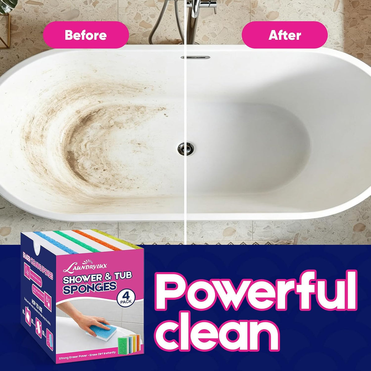 LAUNDRYLUX Magic Sponge Erasers for Shower & Tub, 4 Pack Melamine Sponges