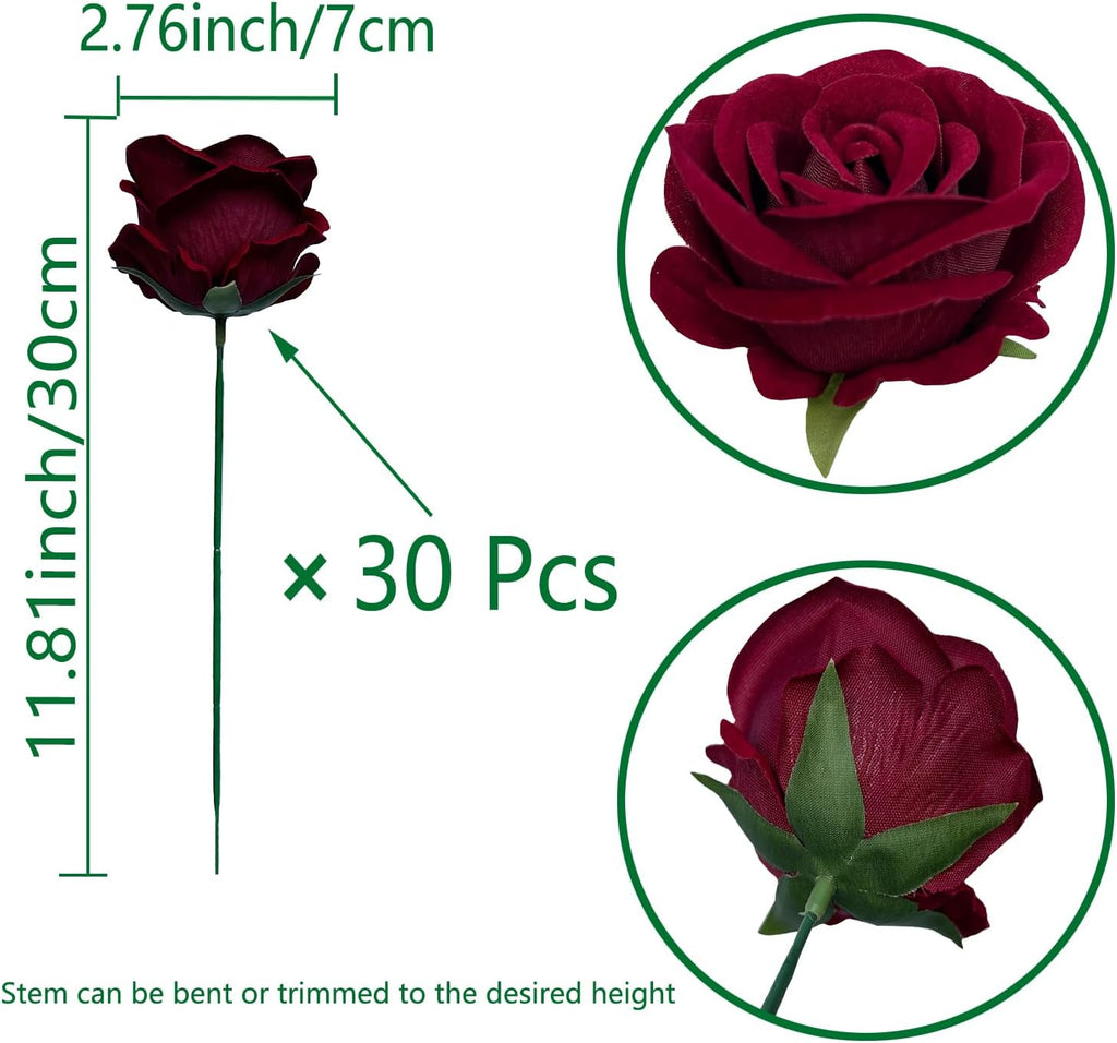 FagusHome 30 Pcs Silk Rose Artificial Flowers Roses Bulk Bouquet Fake Flowers Rose Heads with Stems for Home Wedding Decor (Dark Red)