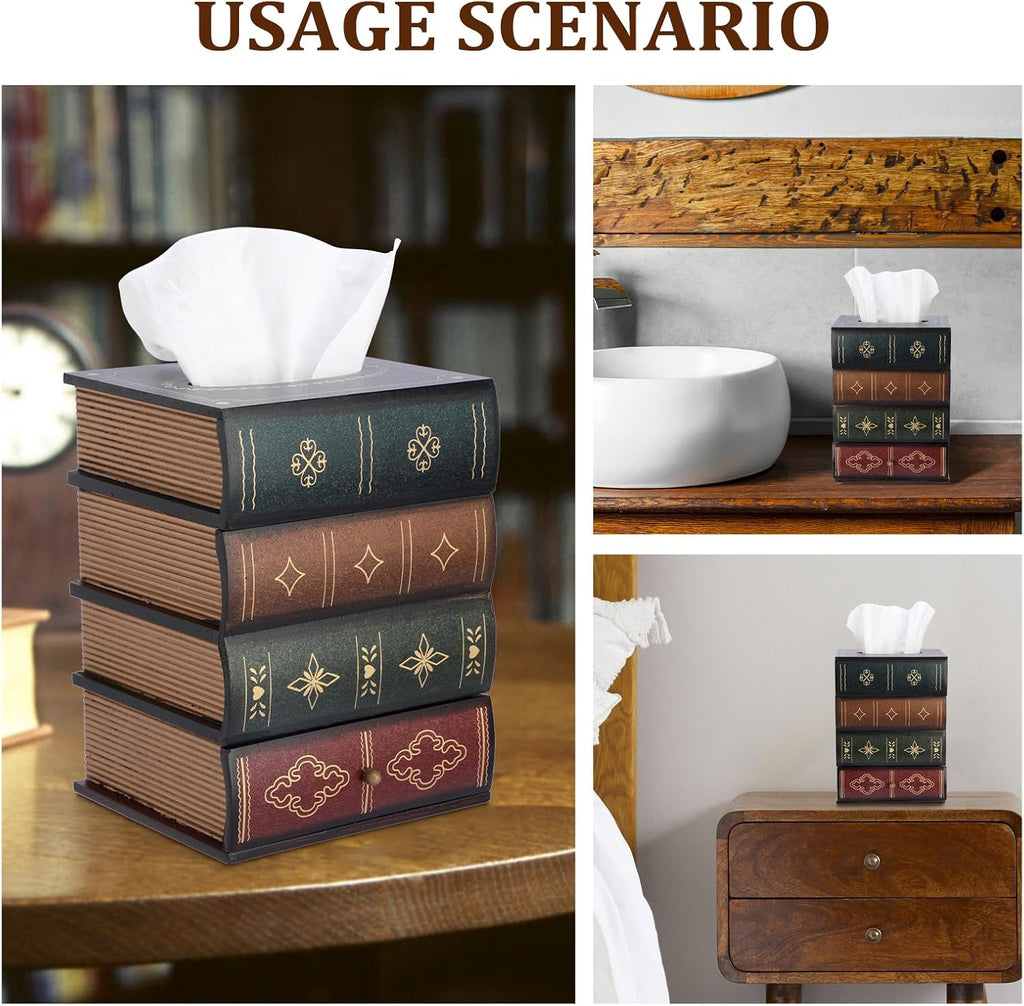 Antique Wooden Book Tissue Box Cover with Storage Drawer, Green Top