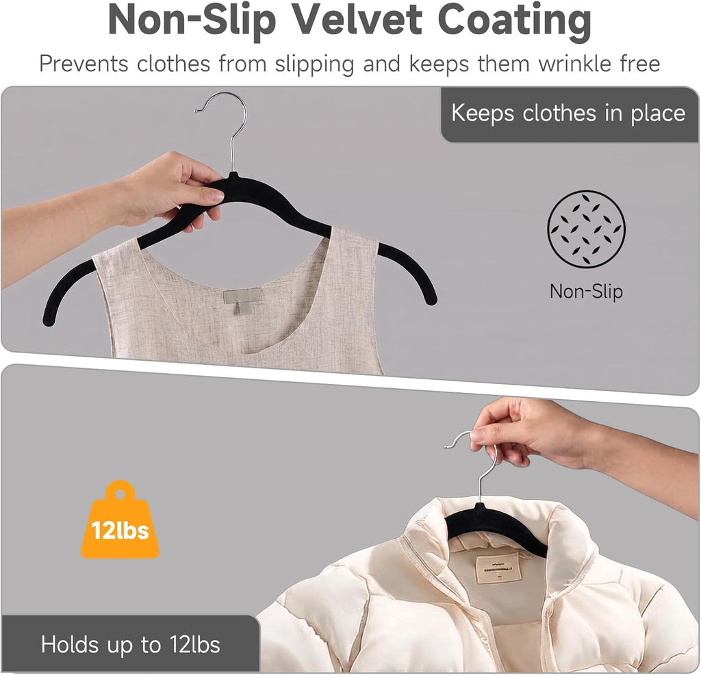Whitmor Spacemaker Velvet Clothes Hangers, Non-Slip Flocked Dress & Shirt Hangers with Contoured Shoulders, Slim Space Saving Closet Hangers with Chrome Hook, Black, 10 Pack