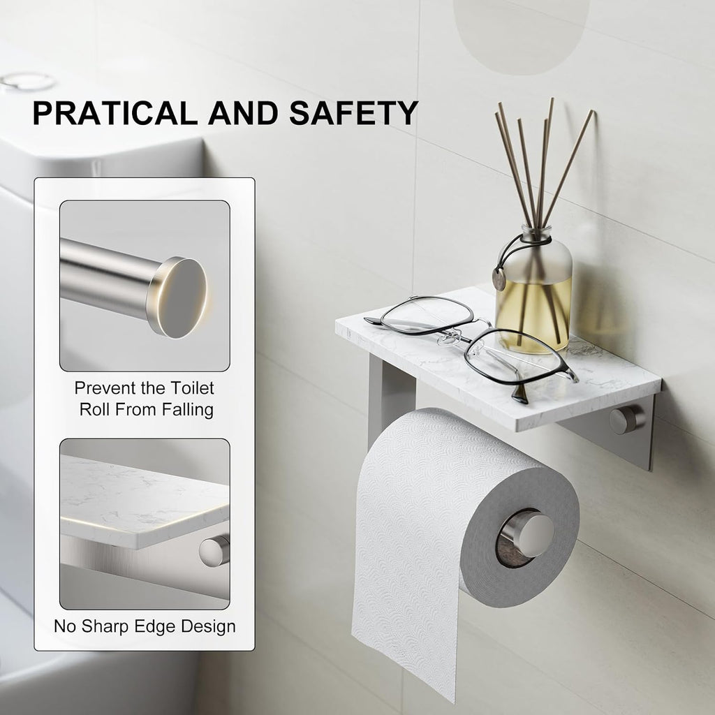 Brushed Nickel Toilet Paper Holder with Marble Shelf Tissue Roll Holder