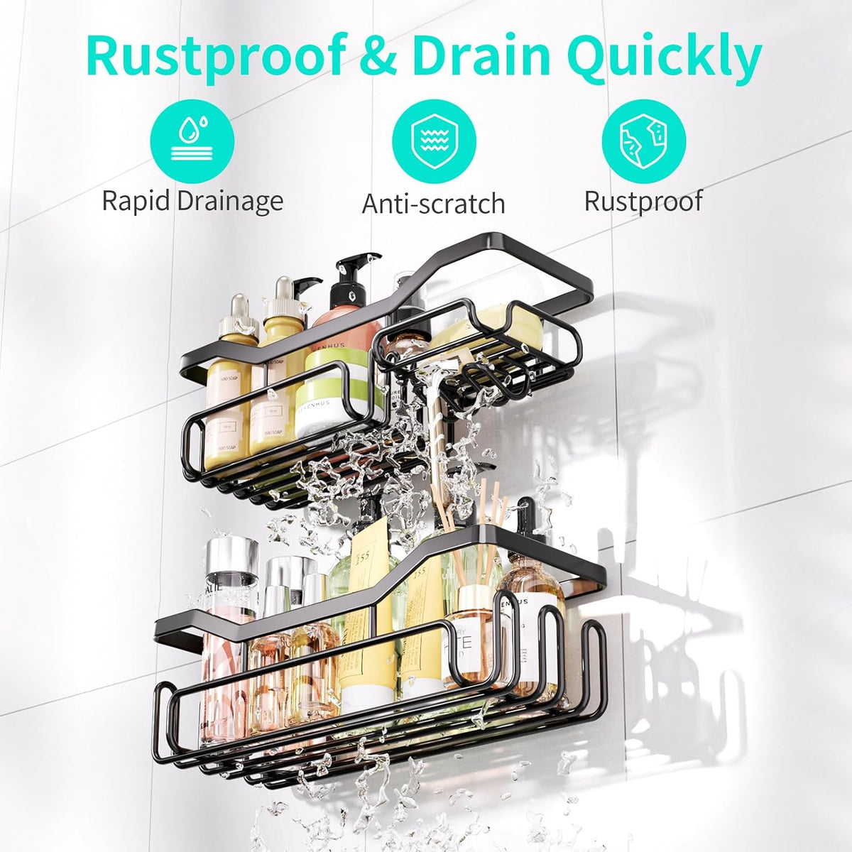 HapiRm Storage Shower Shelves, Shower Caddy organiser with 11 Hooks, Shelf with Razor Holder,Soap Dish,Towel Hook Bathroom Accessories Black,3 Sticker,2 pcs