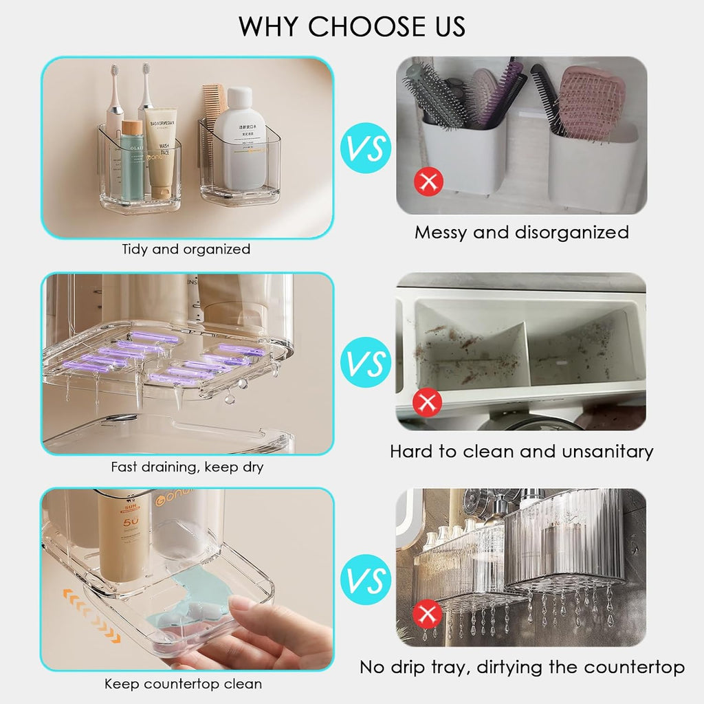 Toothbrush Holders for Bathroom - Detachable Divided Design, Drawer Drainage Tray, Adhesive Wall-Mounted/Countertop Dual-Use, Large Capacity Organizer for Bathroom/Kitchen/Office, Easy Install (Grey)