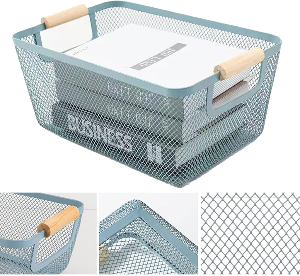 AJIODA Metal Mesh Steel Basket, Medium Wire Storage Organizer Basket Multi-function Hanging Kitchen Basket with Wood Handle for Kitchen Bathroom Picnic Home, Rectangle-Blue