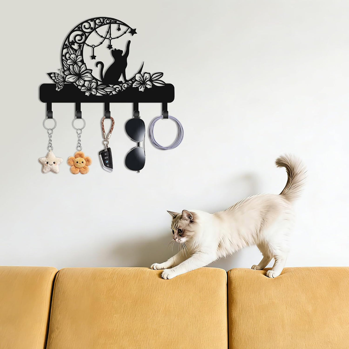 Cat Key Holder for Wall, Cat on Moon Entryway Decorative Key Hooks