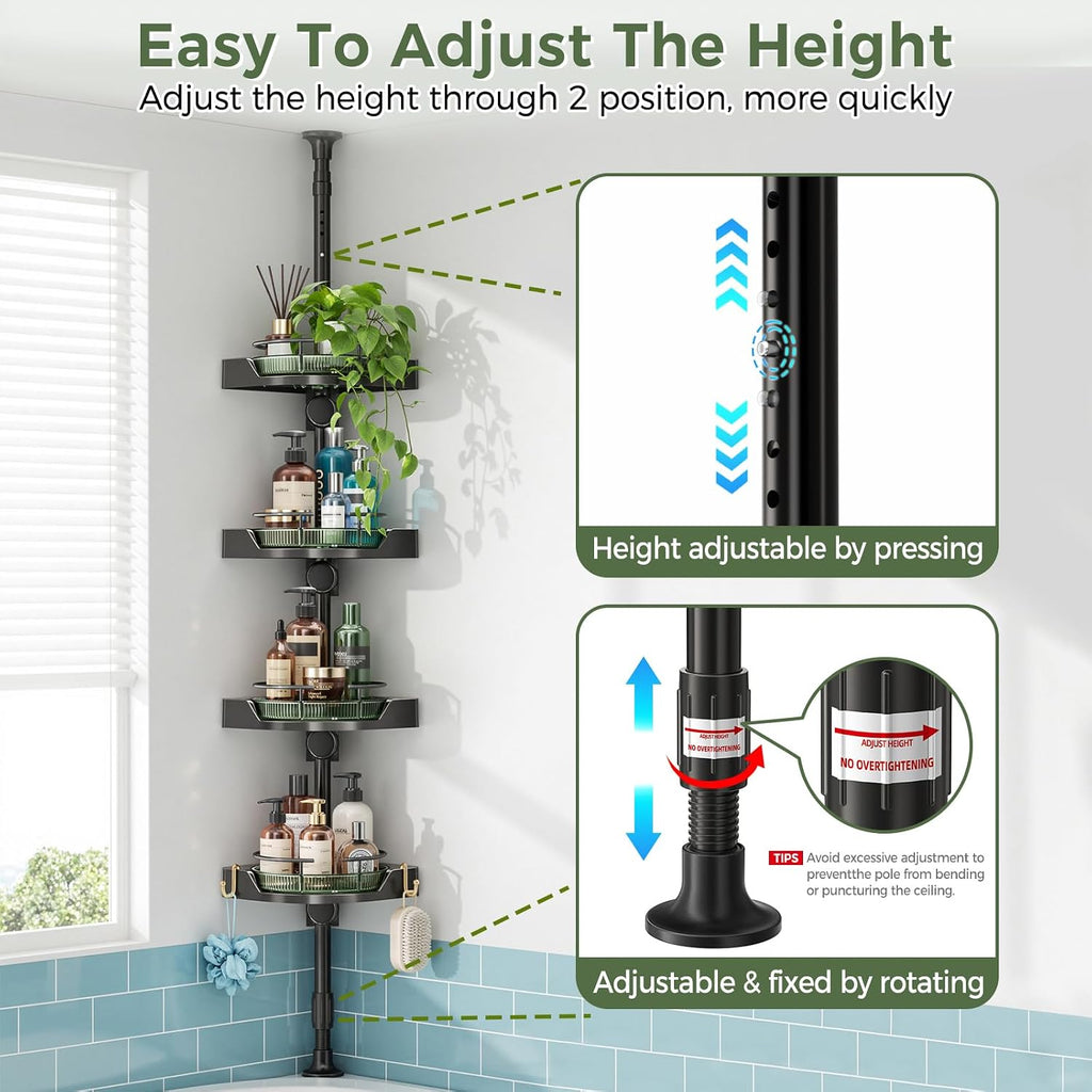 AKINBAS 360° Rotating Shower Caddy Tension Pole with 4-Tier Rustproof Lazy Susan 35-128 Inch No Drilling Coner Shelves Adjustable Shower Rack for Bathroom Bathtub Washbasin Plant Storage (Black+Green)