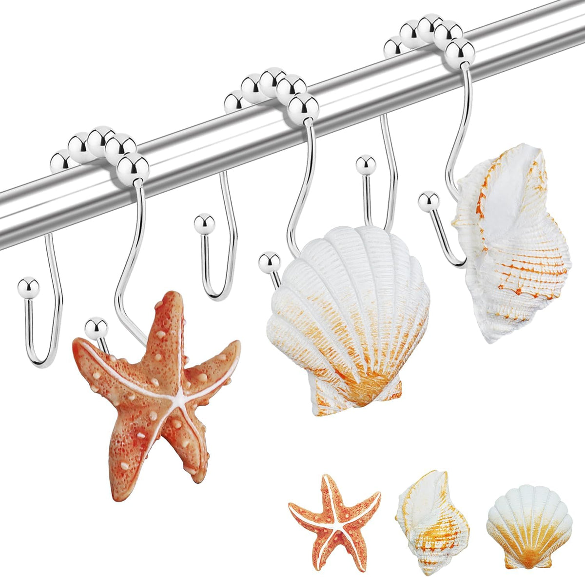 Shower Curtain Hooks Rings, 12PCS Anti Rust Seashell Decorative Double Resin Shower Hooks for Beach Bathroom, Baby Room, Bedroom, Living Room Décor