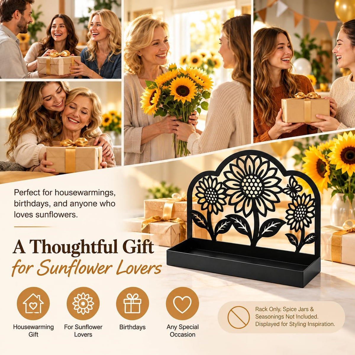 Sunflower Vanity Tray for Bathroom Countertop, Metal, 9" x 3.1", Black